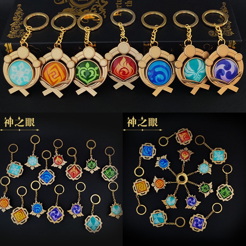 Game Genshin Impact Vision Lnazuma Ganyu Keqing Wendi Xiao Keychain Luminous 7 Element Weapons Eye Of Original God Toy KeyRing