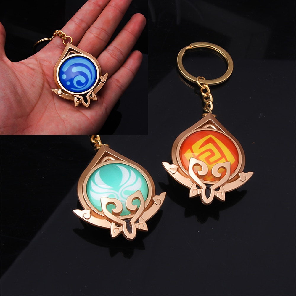 Game Genshin Impact Vision Lnazuma Ganyu Keqing Wendi Xiao Keychain Luminous 7 Element Weapons Eye Of Original God Toy KeyRing